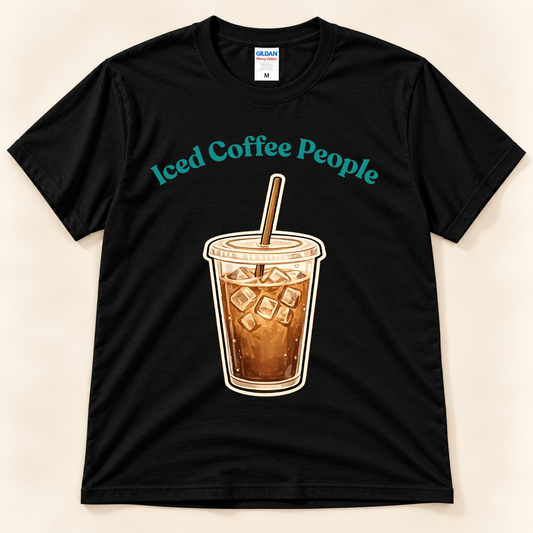 Black Gildan 5000 Iced Coffee People graphic tee featuring a retro iced coffee cup with ice and straw for iced coffee lovers from New Chapter Tees, a California small business.