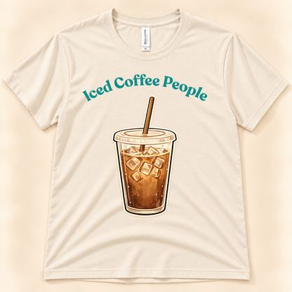 Natural Bella Canvas 3001 Iced Coffee People shirt featuring a vintage inspired iced coffee cup design for iced coffee lovers from New Chapter Tees, a California small business.