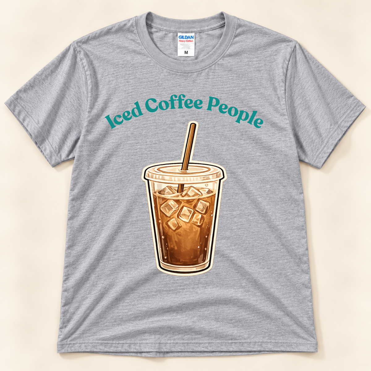 Sport Gray Gildan 5000 Iced Coffee People graphic tee featuring a retro iced coffee cup with ice and straw for coffee lovers from New Chapter Tees, a California small business.