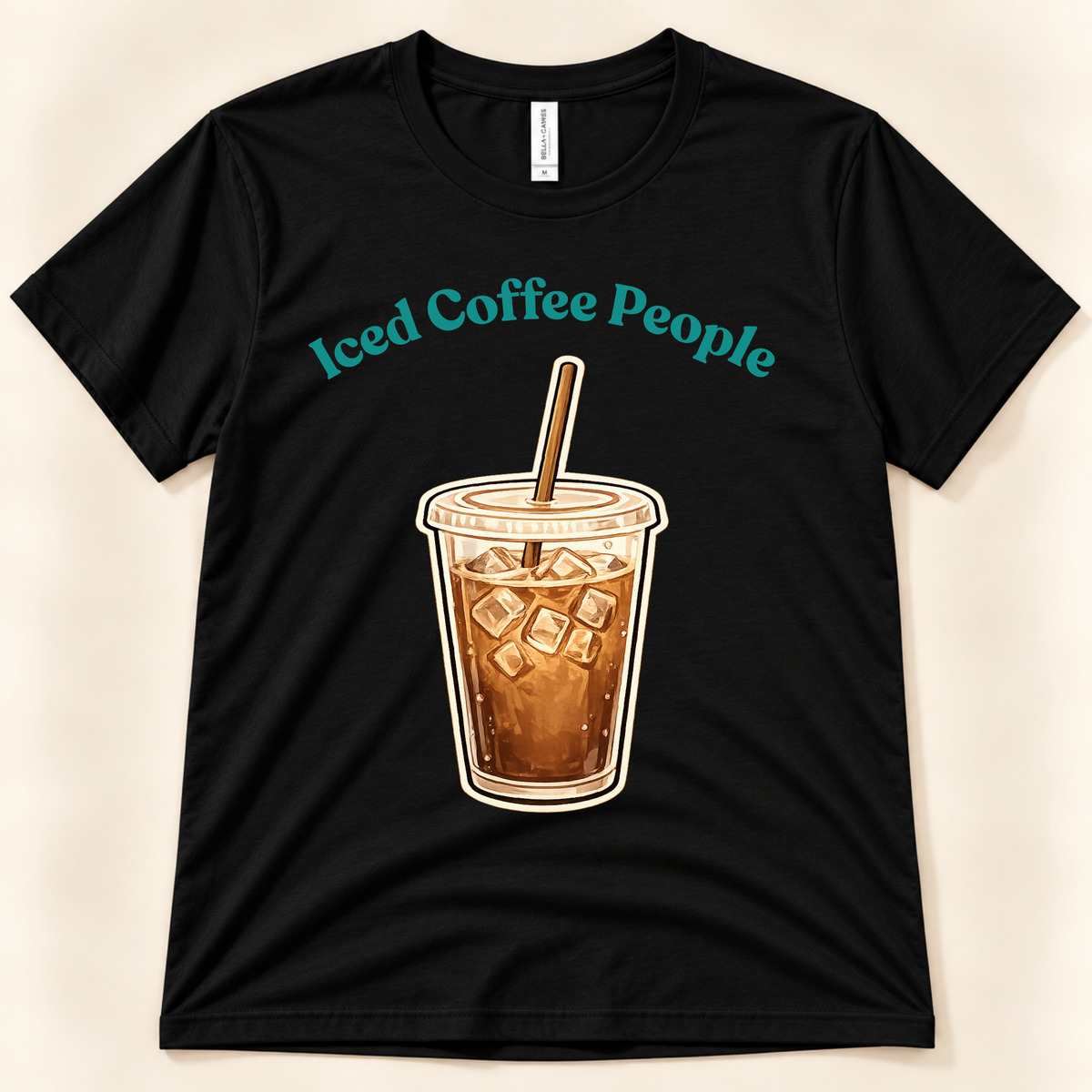 Black Bella Canvas 3001 Iced Coffee People graphic tee featuring a cold iced coffee cup with straw for coffee lovers from New Chapter Tees, a California small business.
