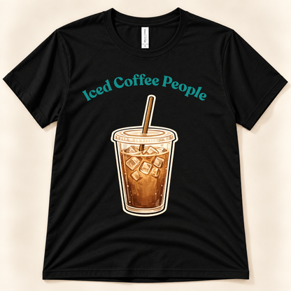 Black Bella Canvas 3001 Iced Coffee People graphic tee featuring a cold iced coffee cup with straw for coffee lovers from New Chapter Tees, a California small business.