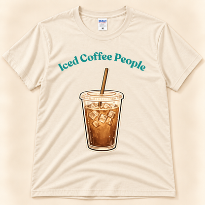 Natural Gildan 5000 Iced Coffee People shirt featuring a vintage inspired iced coffee cup graphic for coffee lovers from New Chapter Tees, a California small business.