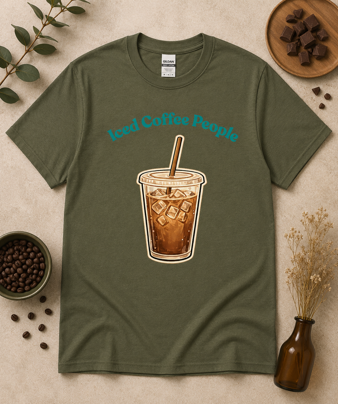 Military Green Iced Coffee People graphic tee with cold brew coffee cup design and cozy earthy aesthetic styling