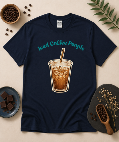 Navy blue Iced Coffee People shirt with iced coffee cup graphic and cozy café inspired flat lay styling