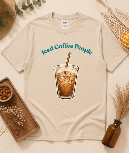 Sand beige Iced Coffee People coffee lover shirt with minimal iced coffee illustration and neutral aesthetic props