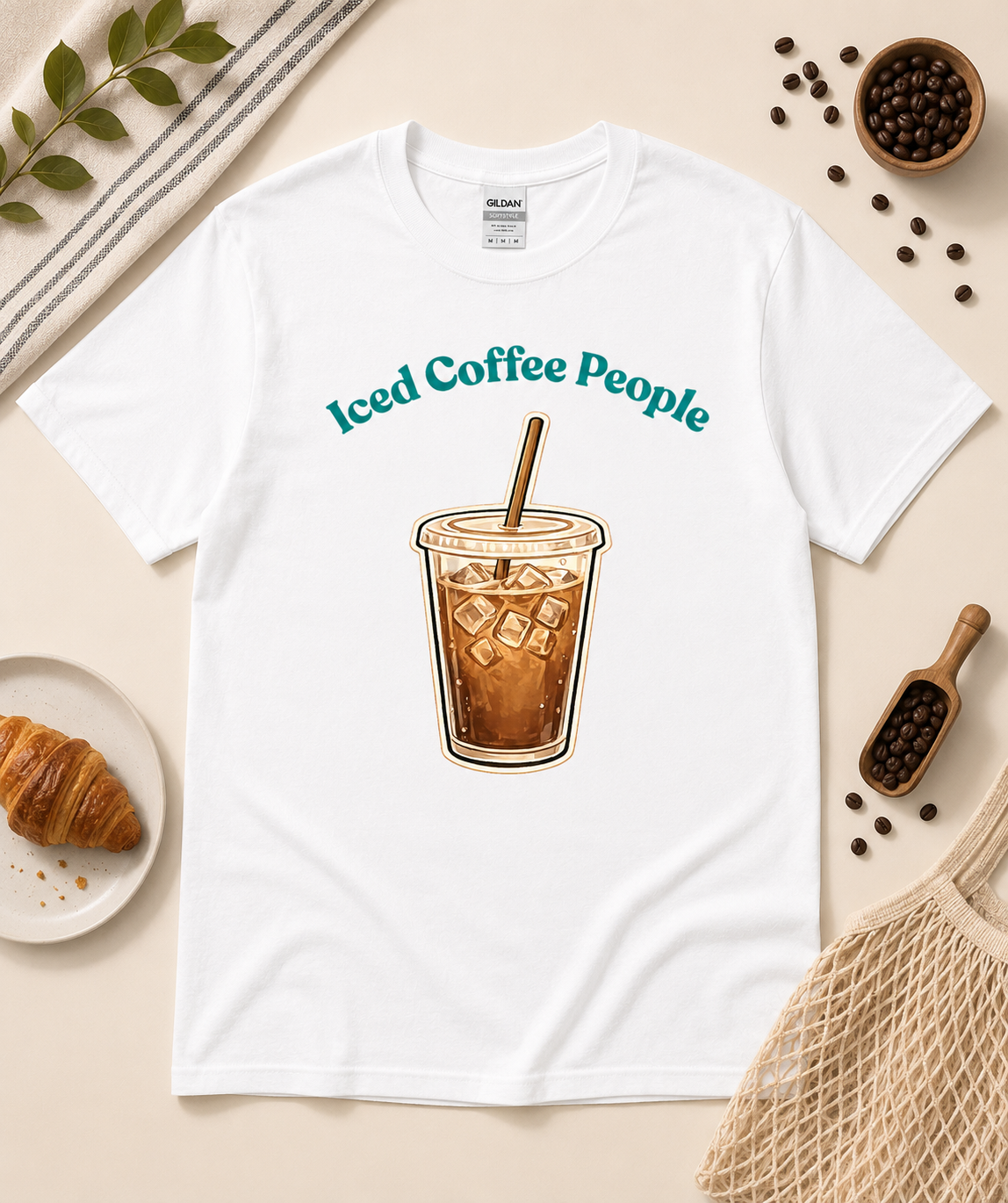 White Iced Coffee People minimal coffee aesthetic tee with iced coffee graphic and cozy neutral coffee props