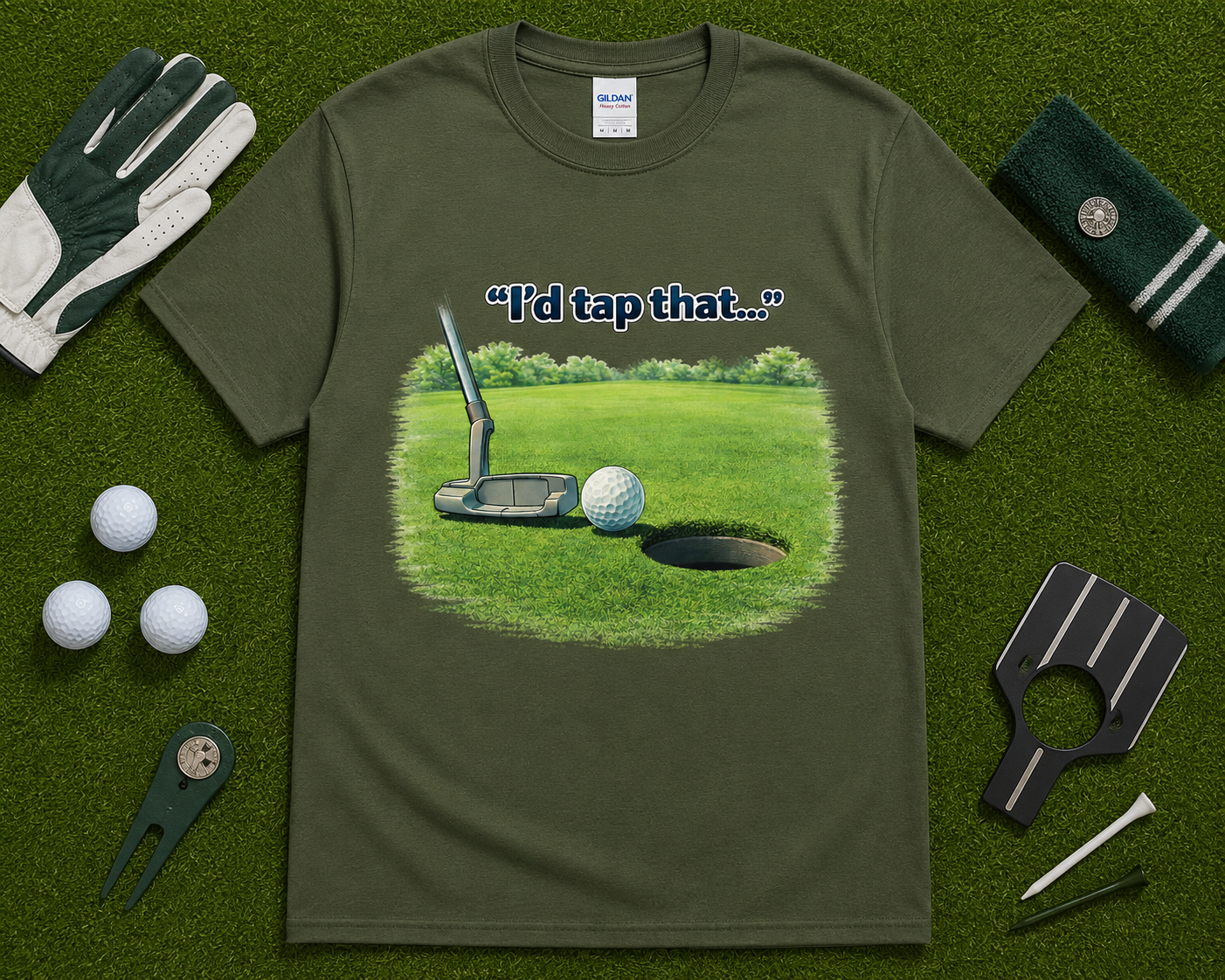 Military green golf graphic tee flatlay featuring I'd Tap That golf design with golf accessories, unique golf gift shirt for players and golf fans in America.