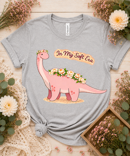 Bella Canvas 3001 athletic heather dinosaur shirt with pink floral dinosaur In My Soft Era design cute aesthetic graphic tee for women dinosaur lovers