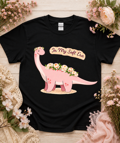 Cute In My Soft Era pink dinosaur graphic tee on black Gildan 5000 shirt floral aesthetic dinosaur gift for women girls cozy graphic tee