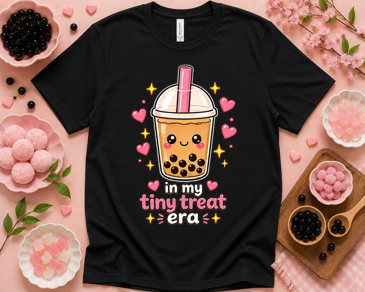 In My Tiny Treat Era black Bella Canvas 3001 boba graphic tee for bubble tea lovers