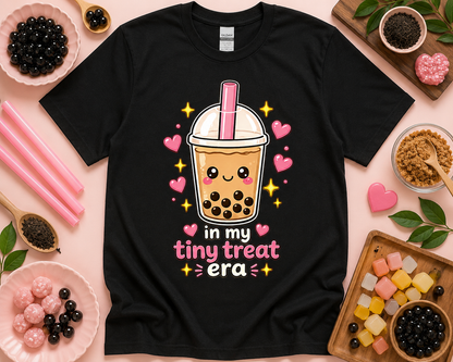 Black Gildan 5000 In My Tiny Treat Era boba shirt with cute bubble tea graphic and playful cafe flatlay