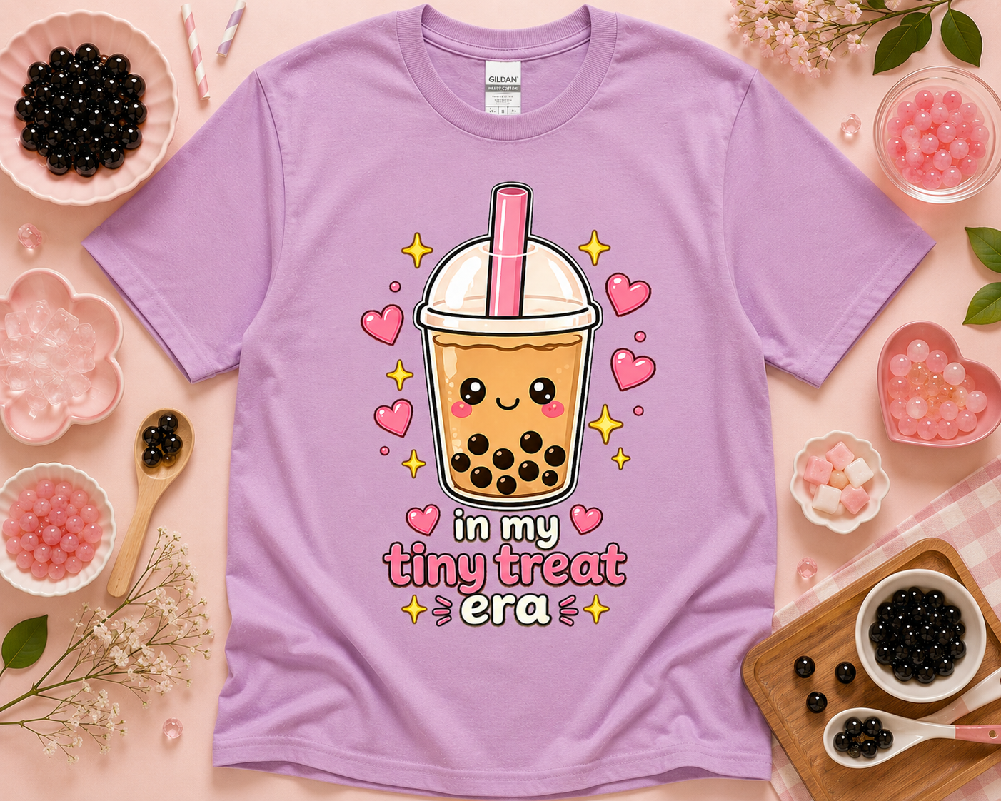 Orchid Gildan 5000 In My Tiny Treat Era boba shirt with cute bubble tea artwork and colorful cafe flatlay