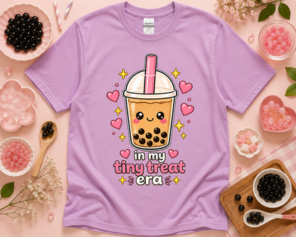 Orchid Gildan 5000 In My Tiny Treat Era boba shirt with cute bubble tea artwork and colorful cafe flatlay