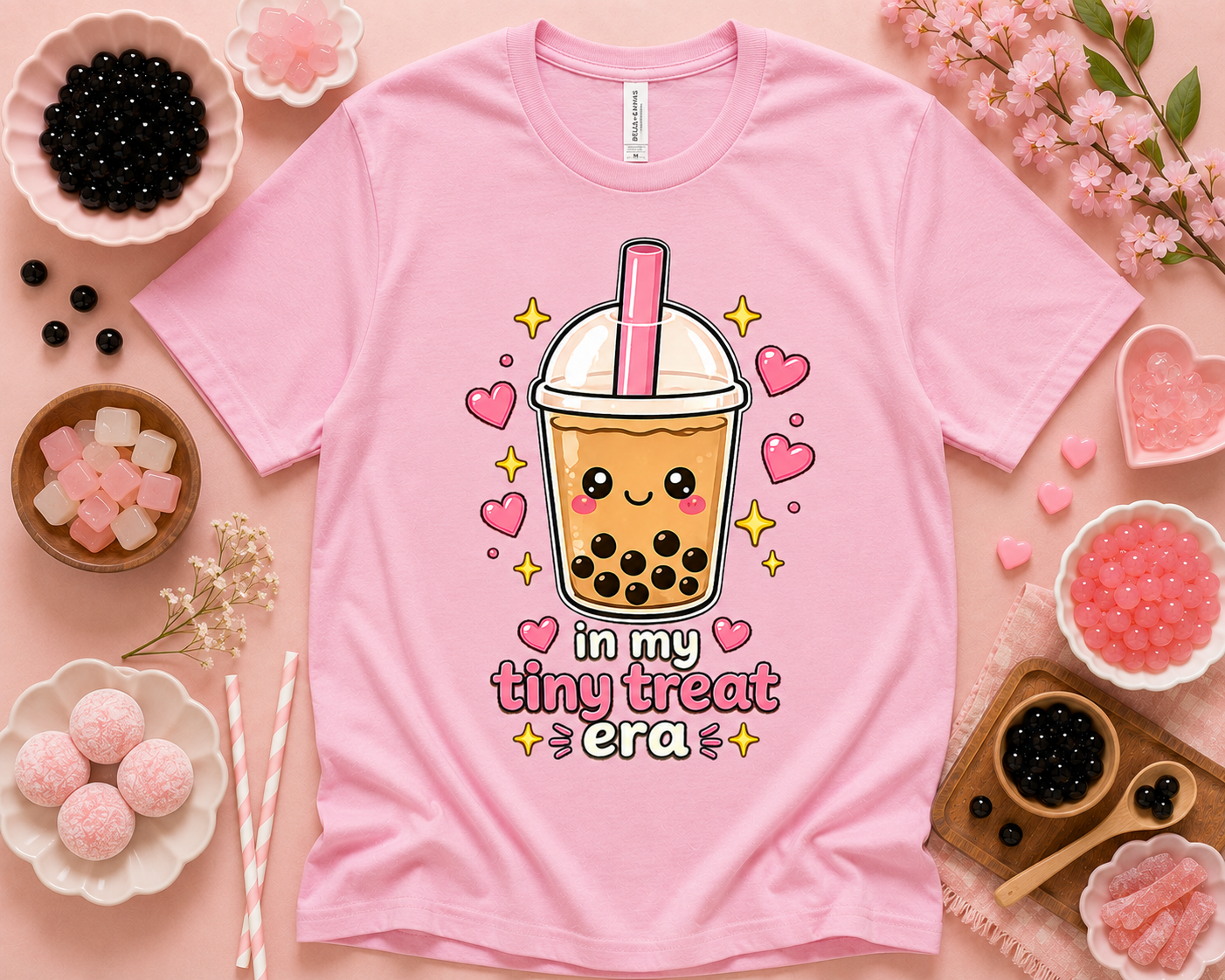 In My Tiny Treat Era pink Bella Canvas 3001 cute boba shirt for bubble tea lovers