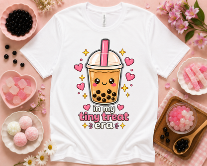In My Tiny Treat Era white Bella Canvas 3001 boba tea graphic tee for adults and teens