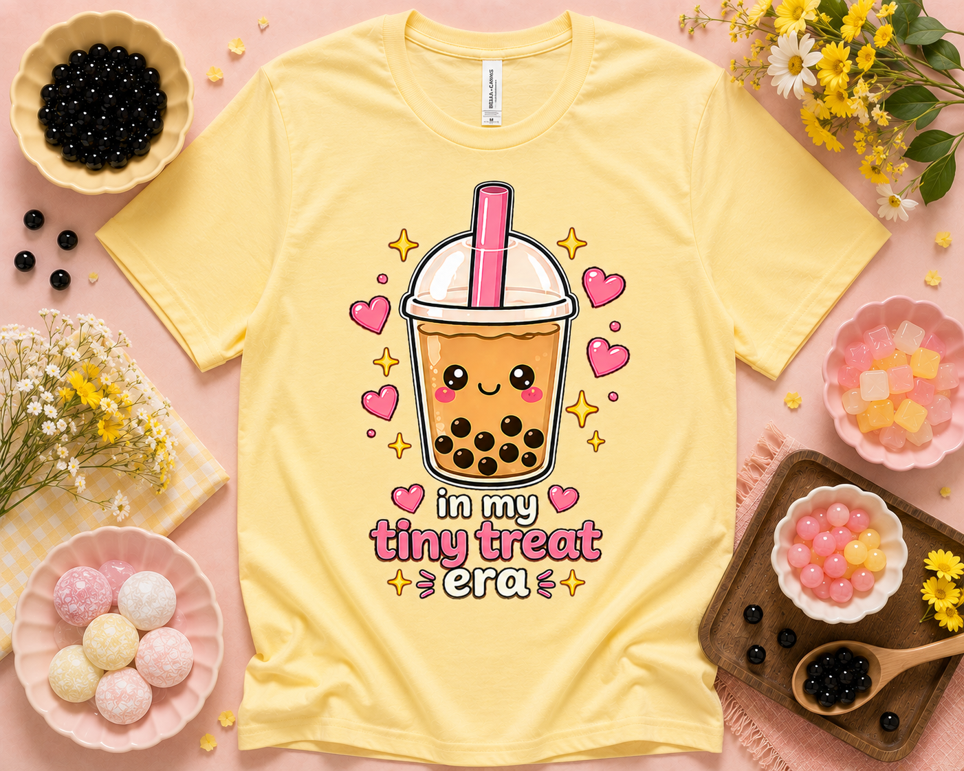 In My Tiny Treat Era yellow Bella Canvas 3001 cute boba tea shirt and foodie graphic tee