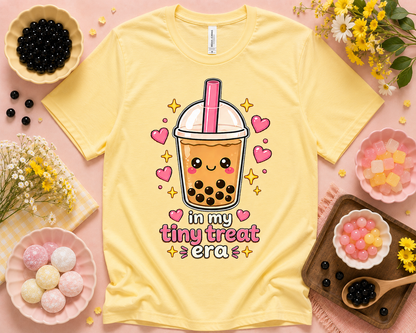 In My Tiny Treat Era yellow Bella Canvas 3001 cute boba tea shirt and foodie graphic tee
