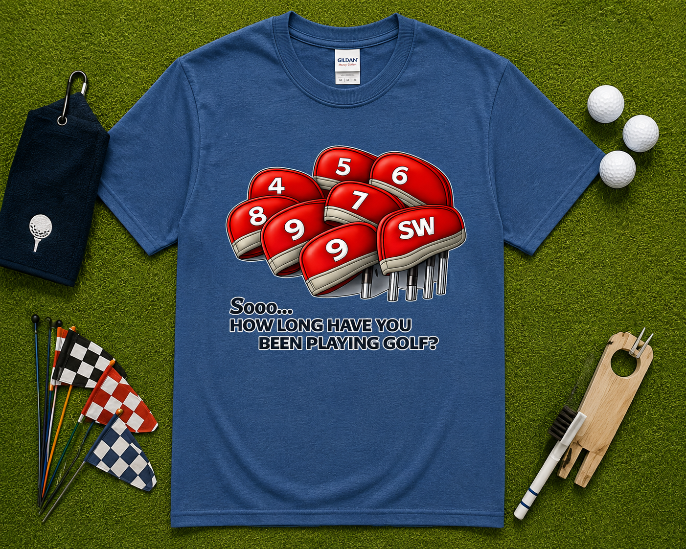 Indigo Blue golf graphic tee flatlay featuring funny How Long Have You Been Playing Golf design with golf club headcovers and golf themed accessories. Humorous golf shirt for golfers, golf lovers, country club members, tournament players, and golf gift shoppers in California, Florida, Arizona, Texas, and throughout the USA.
