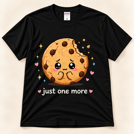 Black Gildan 5000 Just One More Cookie graphic tee featuring a cute kawaii chocolate chip cookie, colorful hearts, sparkles and playful cookie humor from New Chapter Tees, a California small business.
