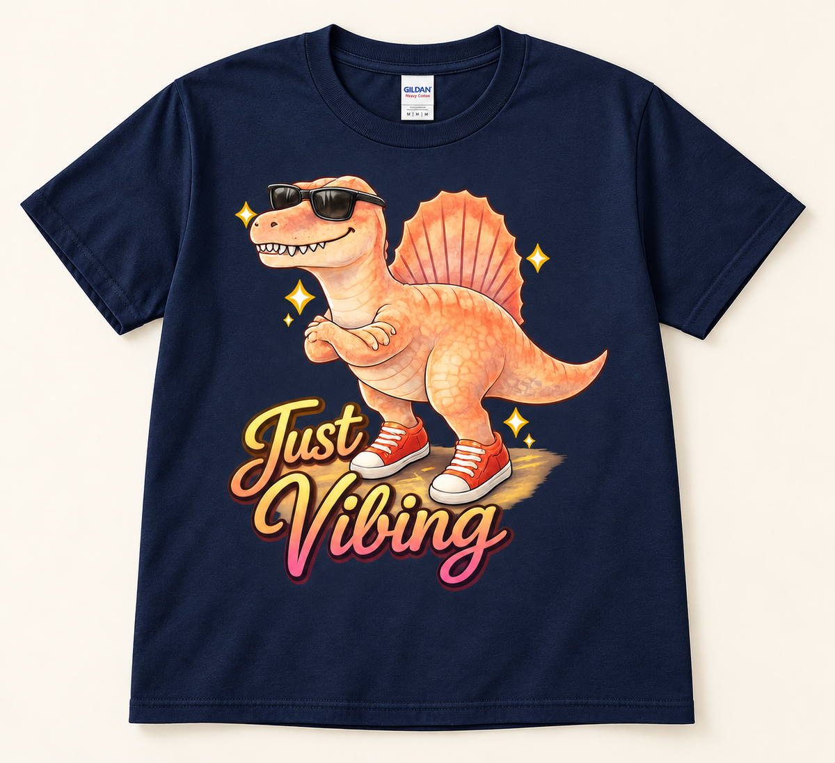 Navy Gildan 5000 Just Vibing Spinosaurus graphic tee featuring a cool dinosaur in sunglasses and red sneakers