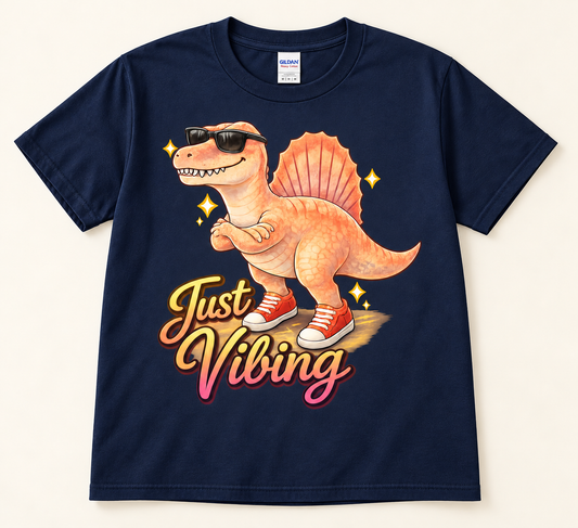 Navy Gildan 5000 Just Vibing Spinosaurus graphic tee featuring a cool dinosaur in sunglasses and red sneakers