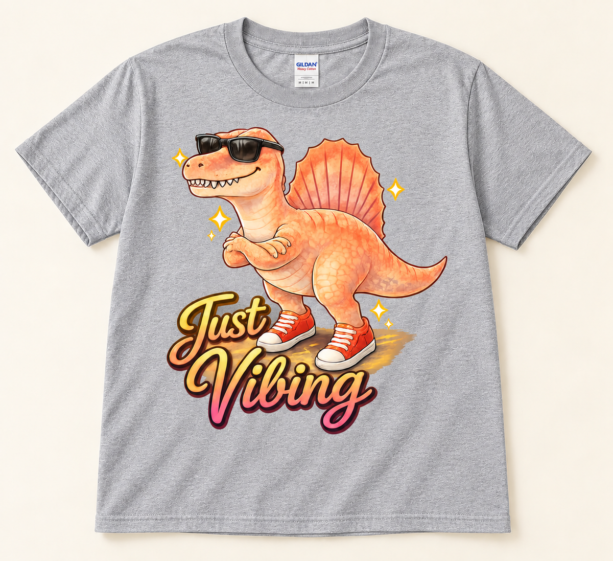 Sport Gray Gildan 5000 Just Vibing Spinosaurus Tee featuring a funny dinosaur with sunglasses and sneakers