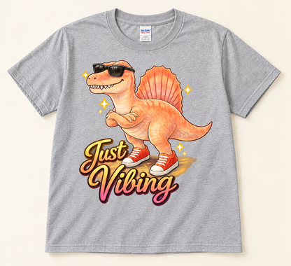 Sport Gray Gildan 5000 Just Vibing Spinosaurus Tee featuring a funny dinosaur with sunglasses and sneakers