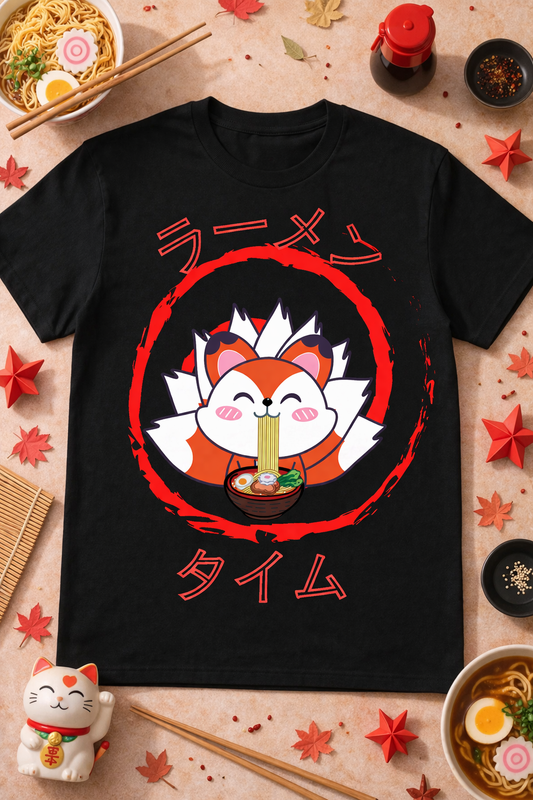 Black kawaii fox ramen graphic tee with cute anime design and Japanese text, styled with ramen bowls, chopsticks, and cozy foodie flatlay props.