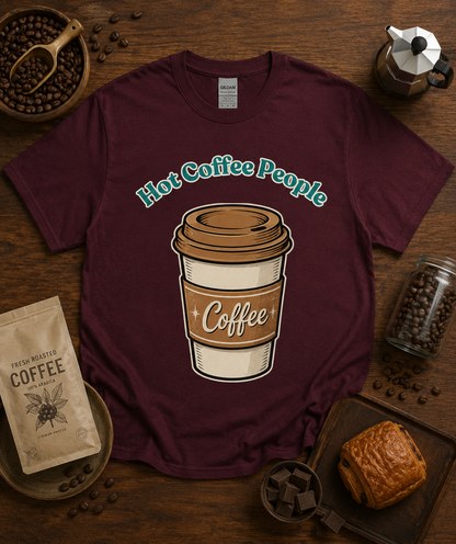 Hot Coffee People vintage coffee lover shirt on maroon Gildan 5000 classic heavy cotton with retro coffee cup artwork for café lovers coffee enthusiasts baristas and cozy fall outfits in the USA