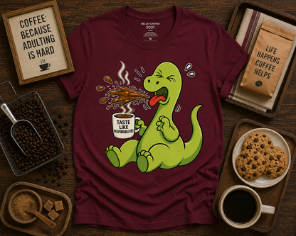 Premium funny dinosaur coffee shirt on Maroon Bella Canvas 3001 Taste Like Responsibilities dinosaur coffee tee USA