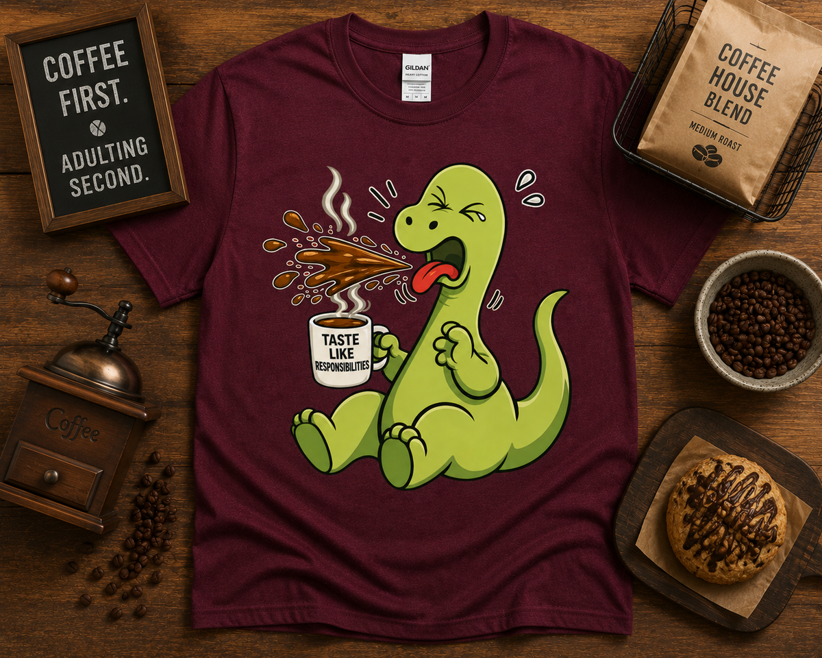 Funny dinosaur coffee shirt on Maroon Gildan 5000 with Taste Like Responsibilities dinosaur coffee graphic USA