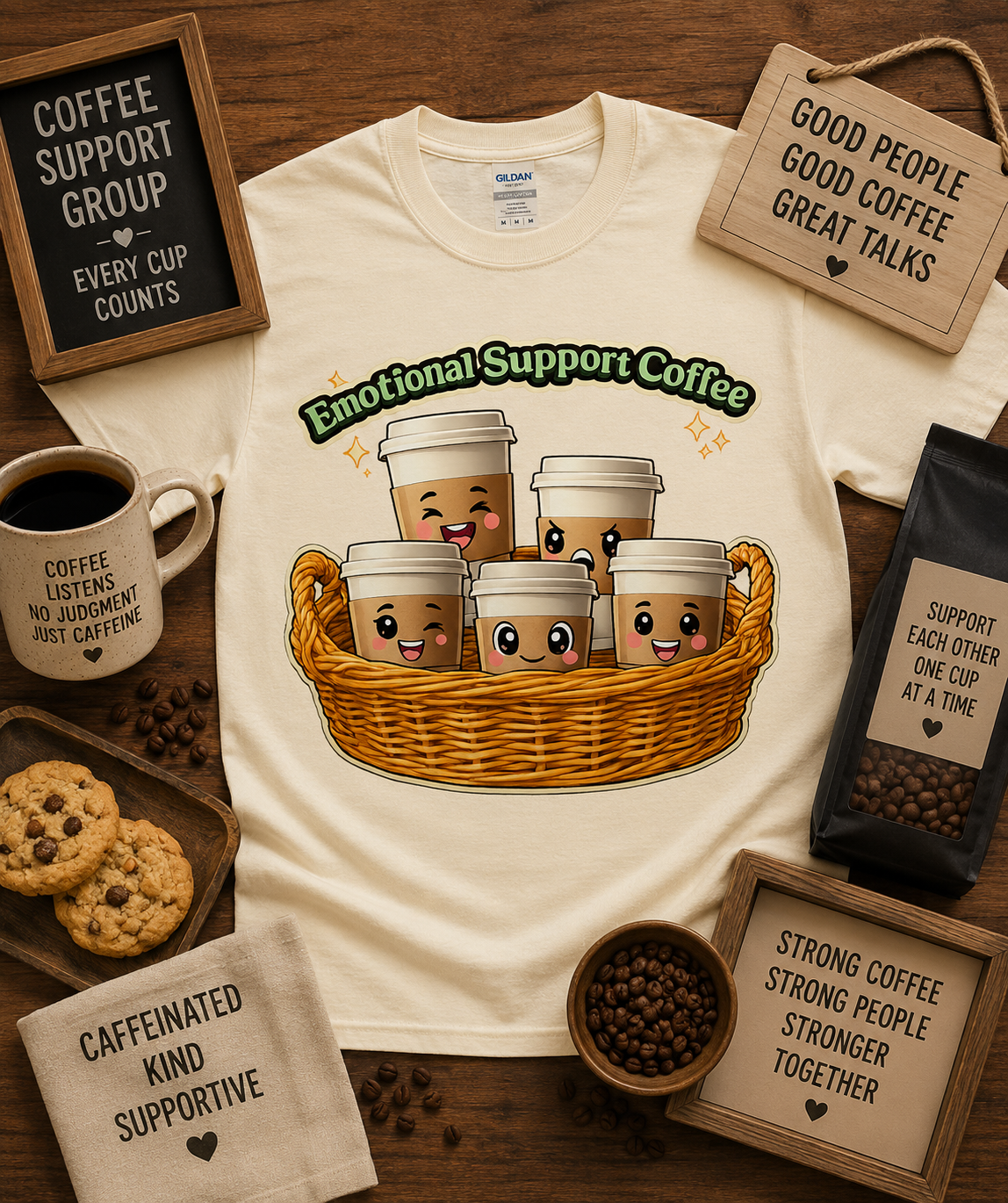 Cute Emotional Support Coffee graphic tee on Natural Gildan 5000 featuring smiling coffee cups cozy coffee shop shirt USA