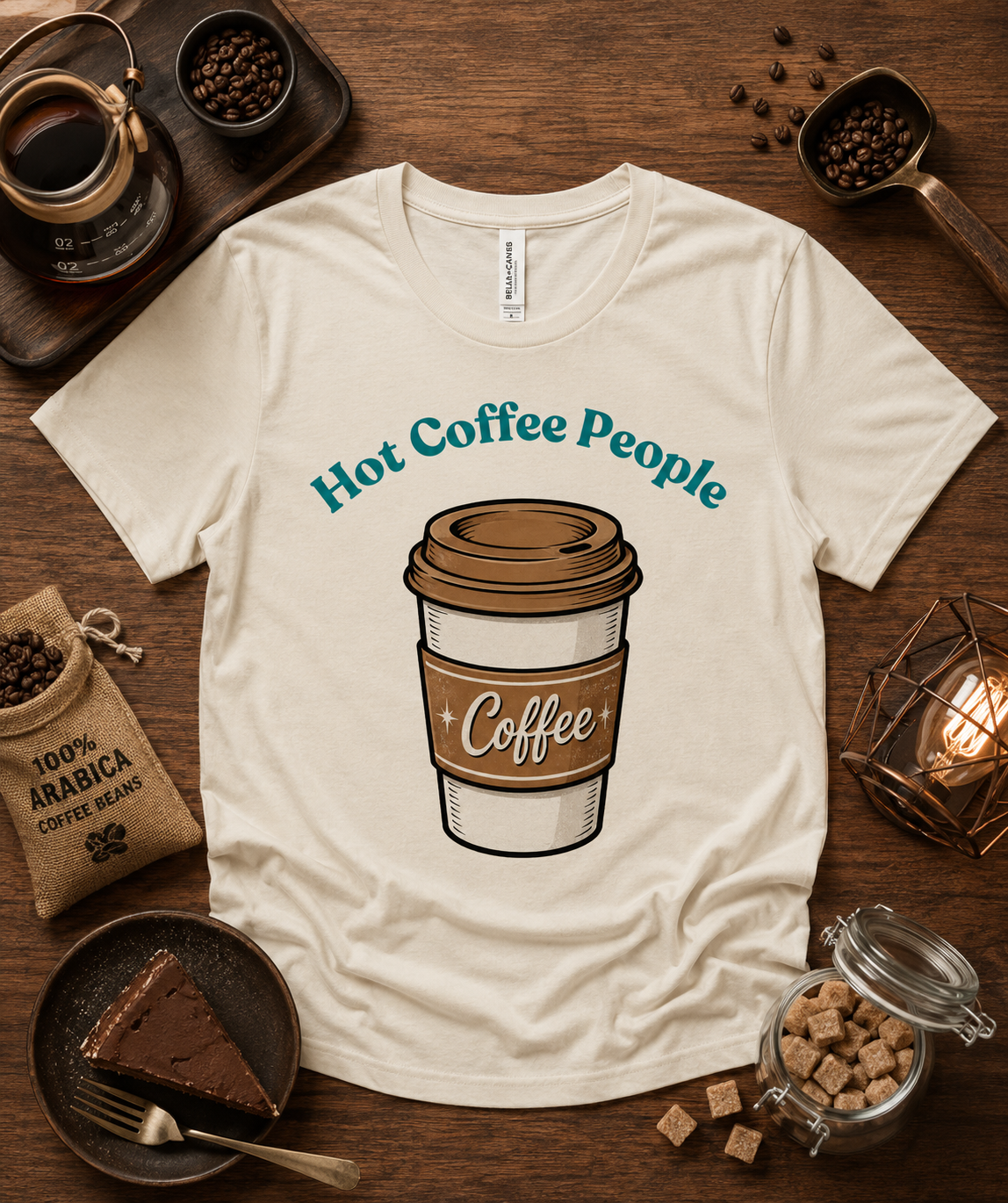 Hot Coffee People premium soft coffee graphic shirt on natural Bella Canvas 3001 featuring retro coffee cup artwork for coffee lovers café fans baristas and relaxed everyday style across the USA