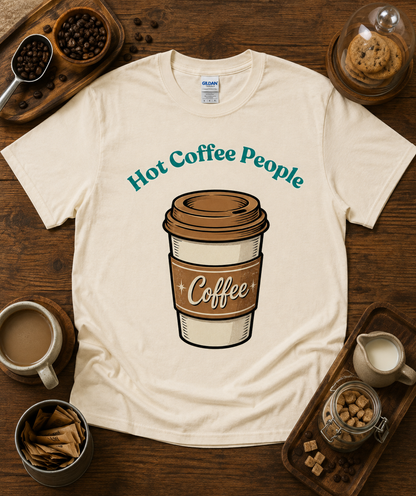 Hot Coffee People retro coffee graphic shirt on natural Gildan 5000 classic heavy cotton featuring vintage coffee cup artwork for coffee lovers baristas café enthusiasts and cozy casual outfits across the USA