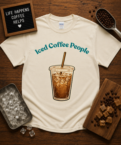 Cute Iced Coffee People graphic tee on Natural Gildan 5000 shirt featuring iced coffee illustration for coffee lovers neutral aesthetic cafe graphic apparel USA