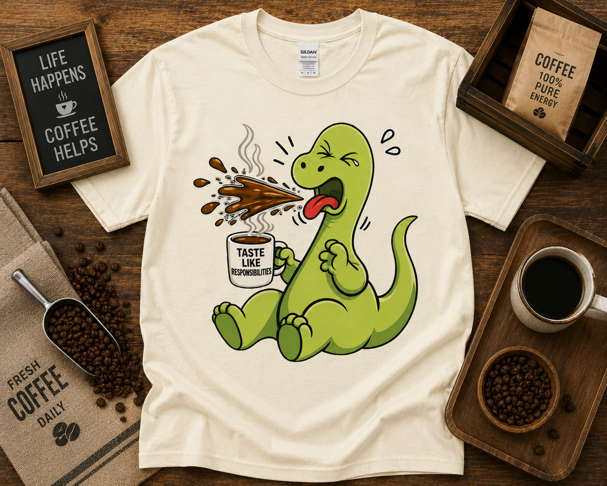 Funny dinosaur coffee shirt on Natural Gildan 5000 with Taste Like Responsibilities coffee dinosaur tee USA
