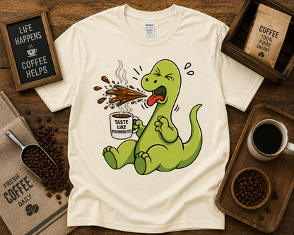 Funny dinosaur coffee shirt on Natural Gildan 5000 with Taste Like Responsibilities coffee dinosaur tee USA