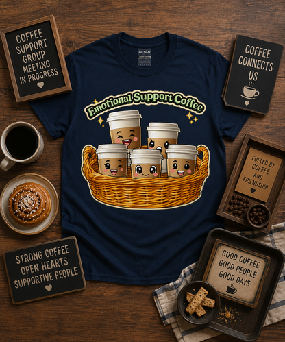 Funny coffee lover shirt on Navy Gildan 5000 featuring Emotional Support Coffee cute coffee cup basket graphic USA