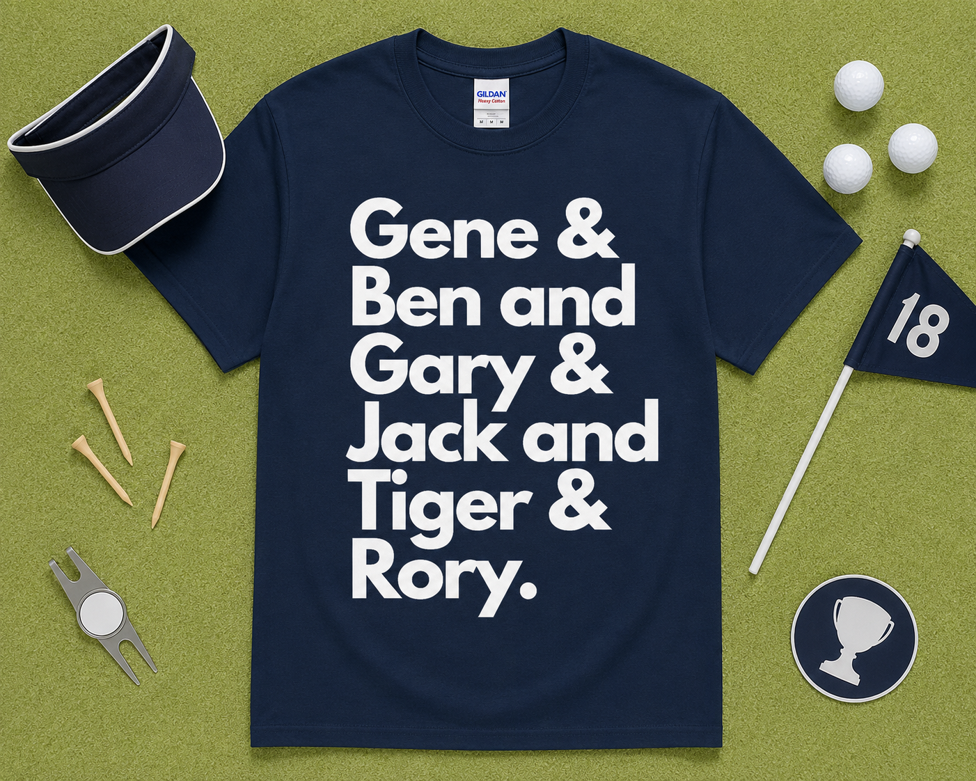 Navy Gildan 5000 golf graphic shirt flatlay featuring Gene Ben Gary Jack Tiger Rory design styled with golf accessories on light green grass, funny golf gift, unisex golfer apparel made for USA golf lovers.