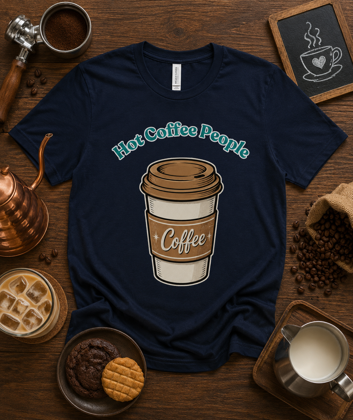 Hot Coffee People premium soft retro coffee shirt on navy Bella Canvas 3001 with vintage coffee cup artwork for coffee lovers café enthusiasts baristas and casual everyday wear in the USA
