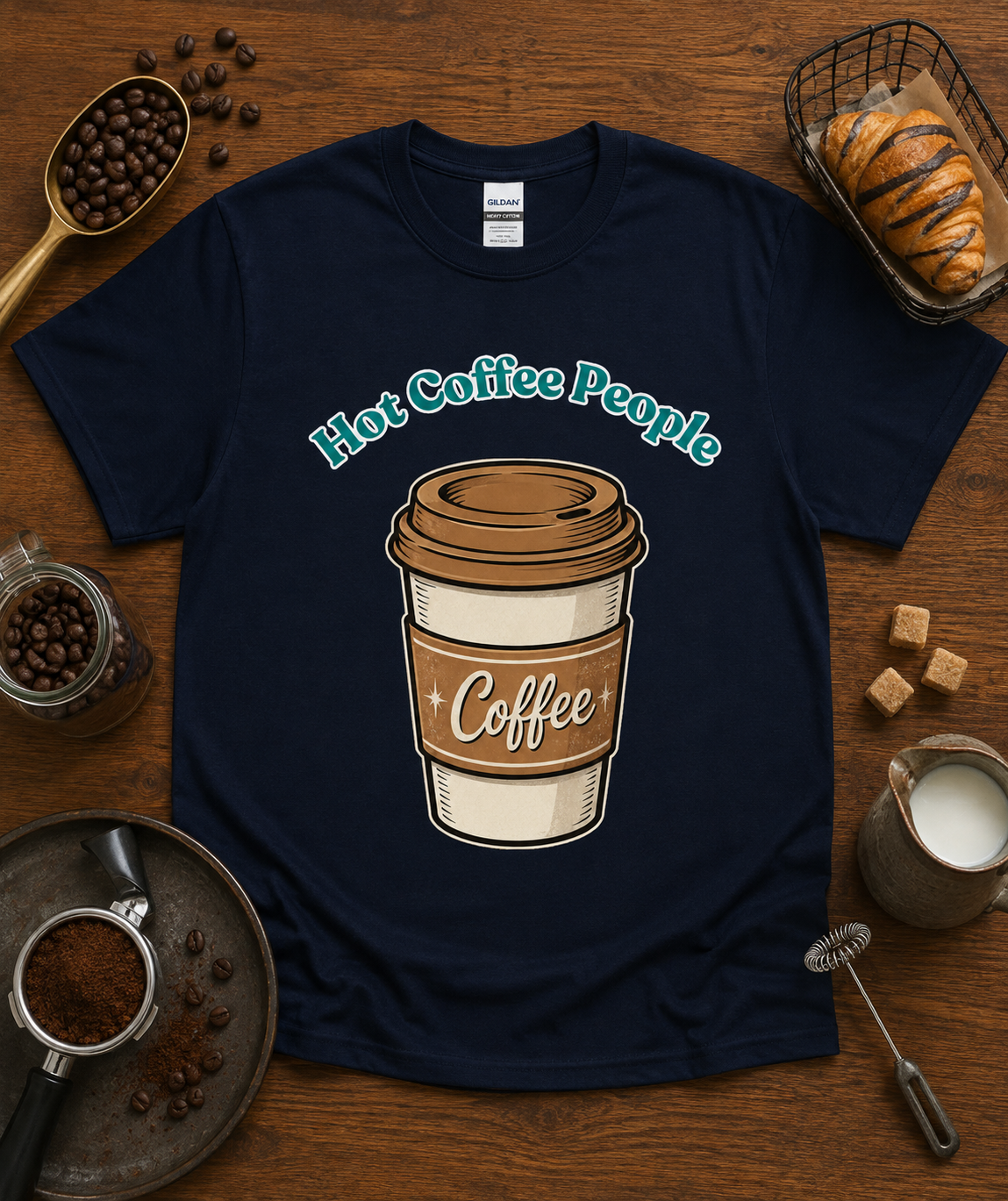Hot Coffee People coffee graphic tee on navy Gildan 5000 classic heavy cotton shirt featuring retro coffee cup artwork for coffee lovers café culture baristas and everyday casual style in the USA