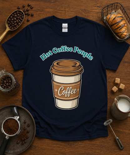 Hot Coffee People coffee graphic tee on navy Gildan 5000 classic heavy cotton shirt featuring retro coffee cup artwork for coffee lovers café culture baristas and everyday casual style in the USA