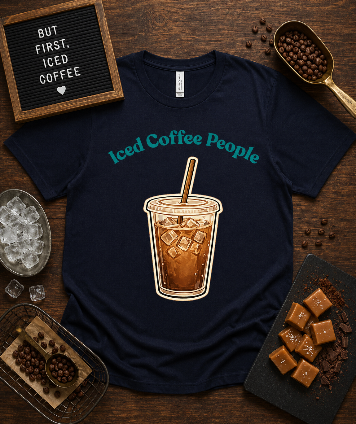 Cute Iced Coffee People graphic tee on Navy Bella Canvas 3001 premium soft shirt featuring iced coffee design for coffee lovers everyday cafe apparel USA
