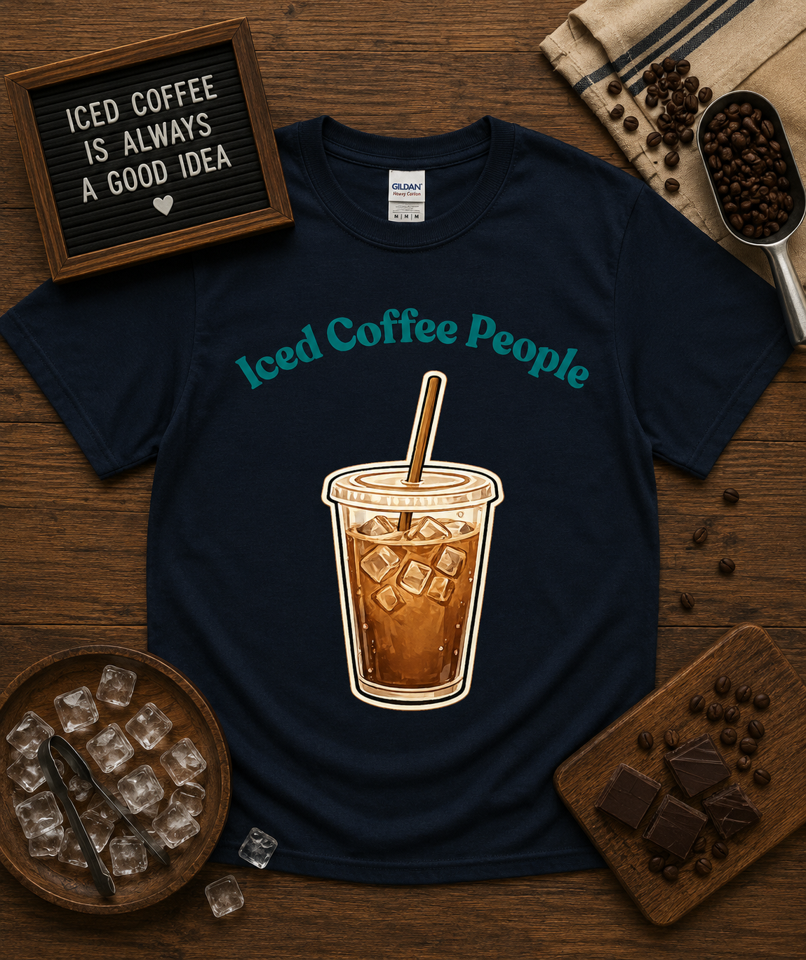 Cute Iced Coffee People graphic tee on Navy Gildan 5000 classic heavy cotton shirt featuring iced coffee artwork for coffee lovers cafe style graphic apparel USA