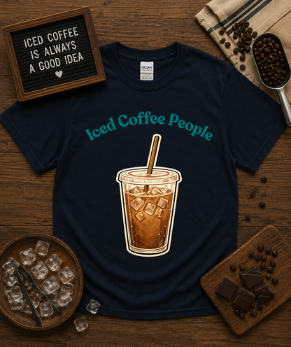 Cute Iced Coffee People graphic tee on Navy Gildan 5000 classic heavy cotton shirt featuring iced coffee artwork for coffee lovers cafe style graphic apparel USA
