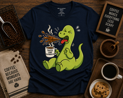 Premium funny dinosaur coffee shirt on Navy Bella Canvas 3001 Taste Like Responsibilities coffee dinosaur graphic USA
