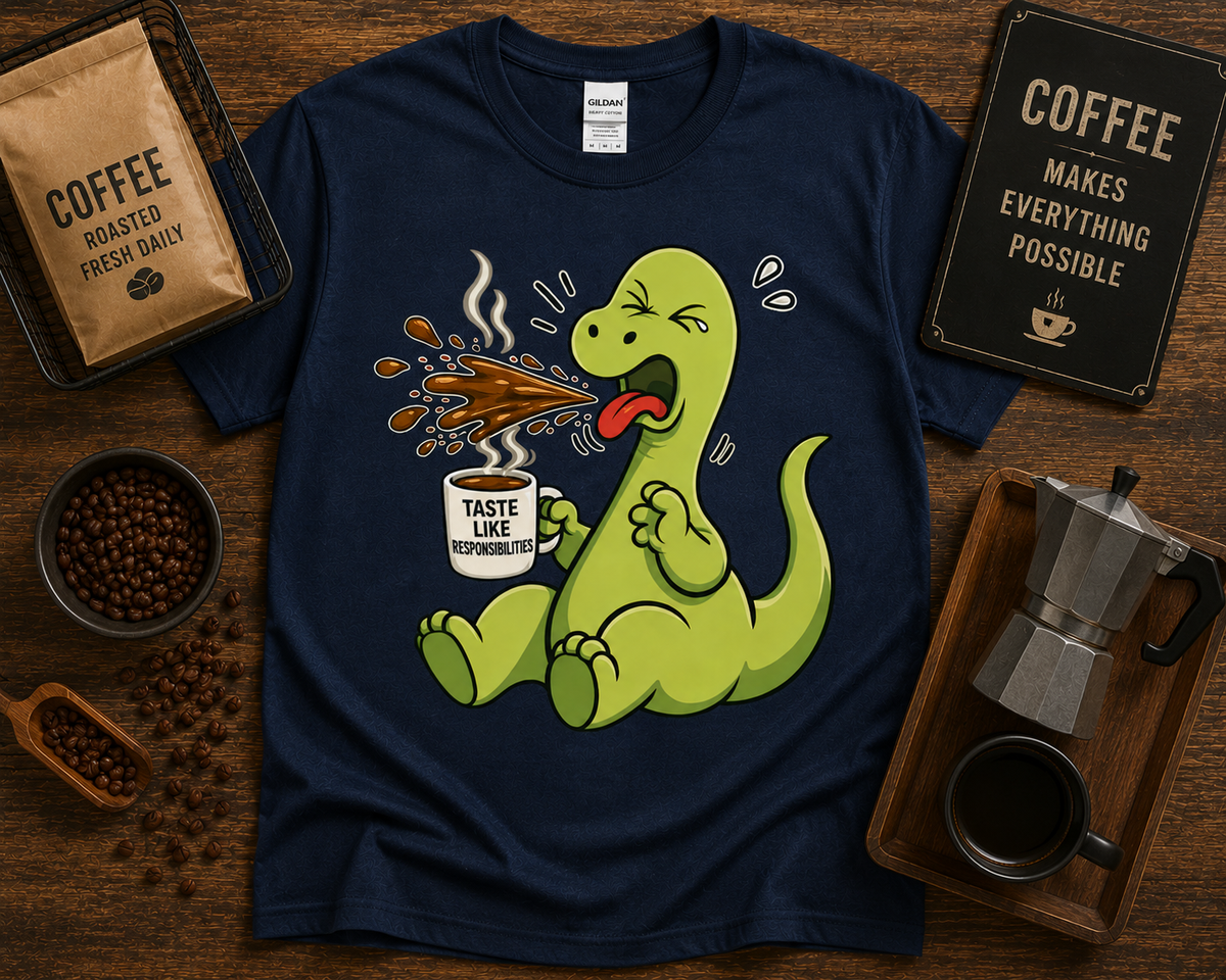 Funny dinosaur coffee shirt on Navy Gildan 5000 with Taste Like Responsibilities coffee lover dinosaur tee USA