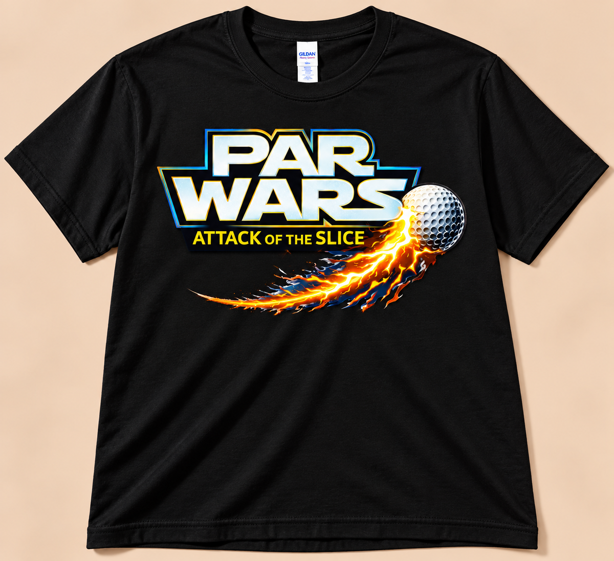 Black Gildan 5000 Par Wars Attack of the Slice Tee with flaming golf ball and funny slice golf graphic