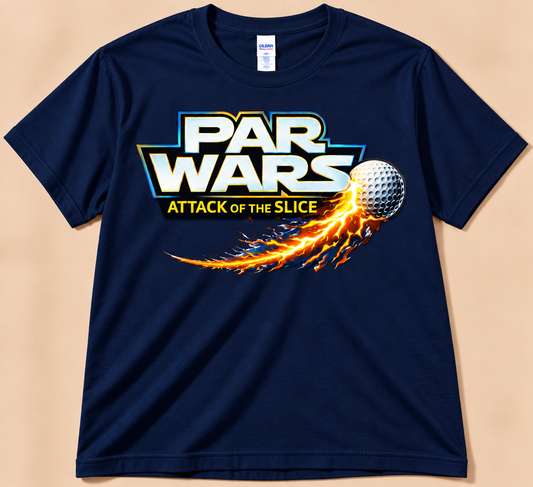 Navy Gildan 5000 funny golf tee featuring Par Wars Attack of the Slice and a flaming sliced golf ball