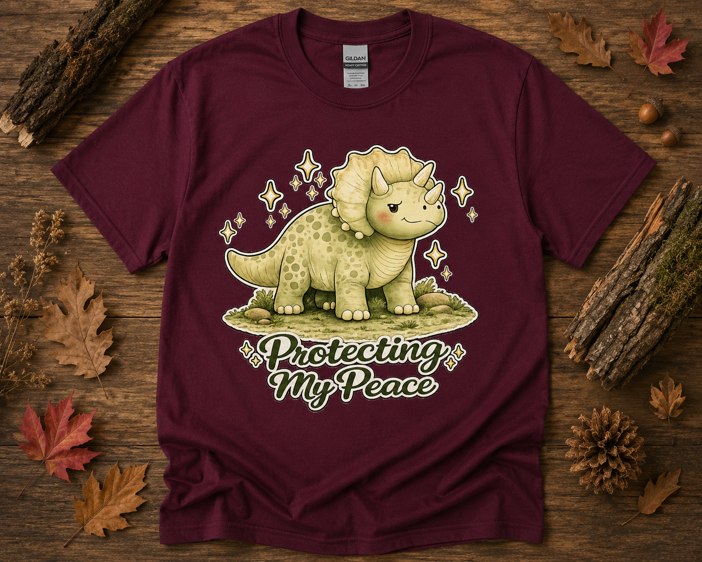 Protecting My Peace dinosaur graphic tee on maroon Gildan 5000 cozy triceratops woodland graphic shirt